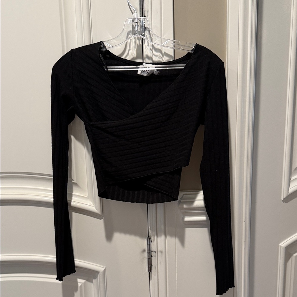 Princess Polly Black Ribbed Wrap Crop Top